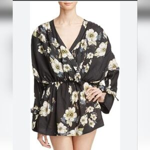 Free People Floral Wrap Blouse Top Mini Dress  with Tie Sleeves Size S